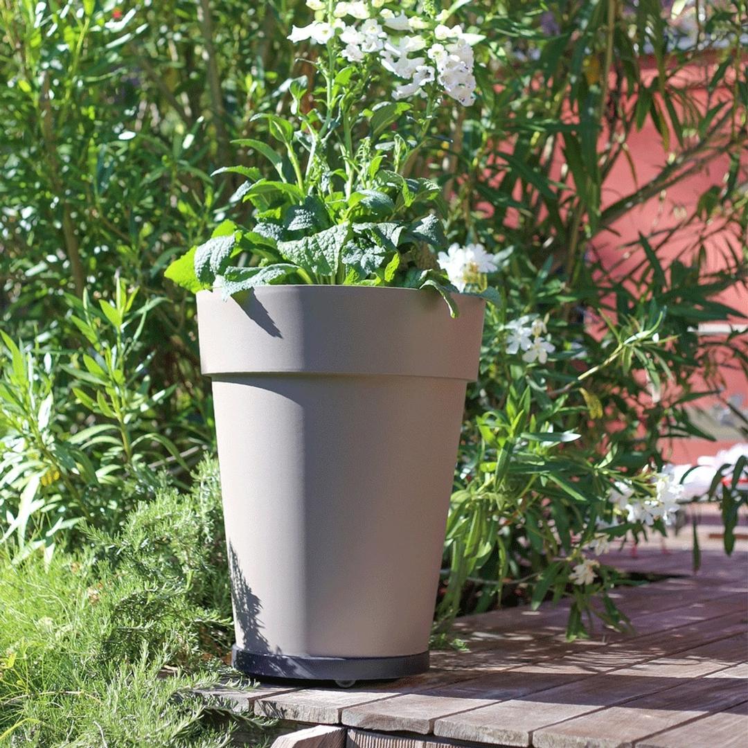 Roule-pot, décor pierre Support à roulettes Ø 30 cm EDA - Roule-pot EDA Support à roulettes Ø 30 cm, sous un pot en extérieur