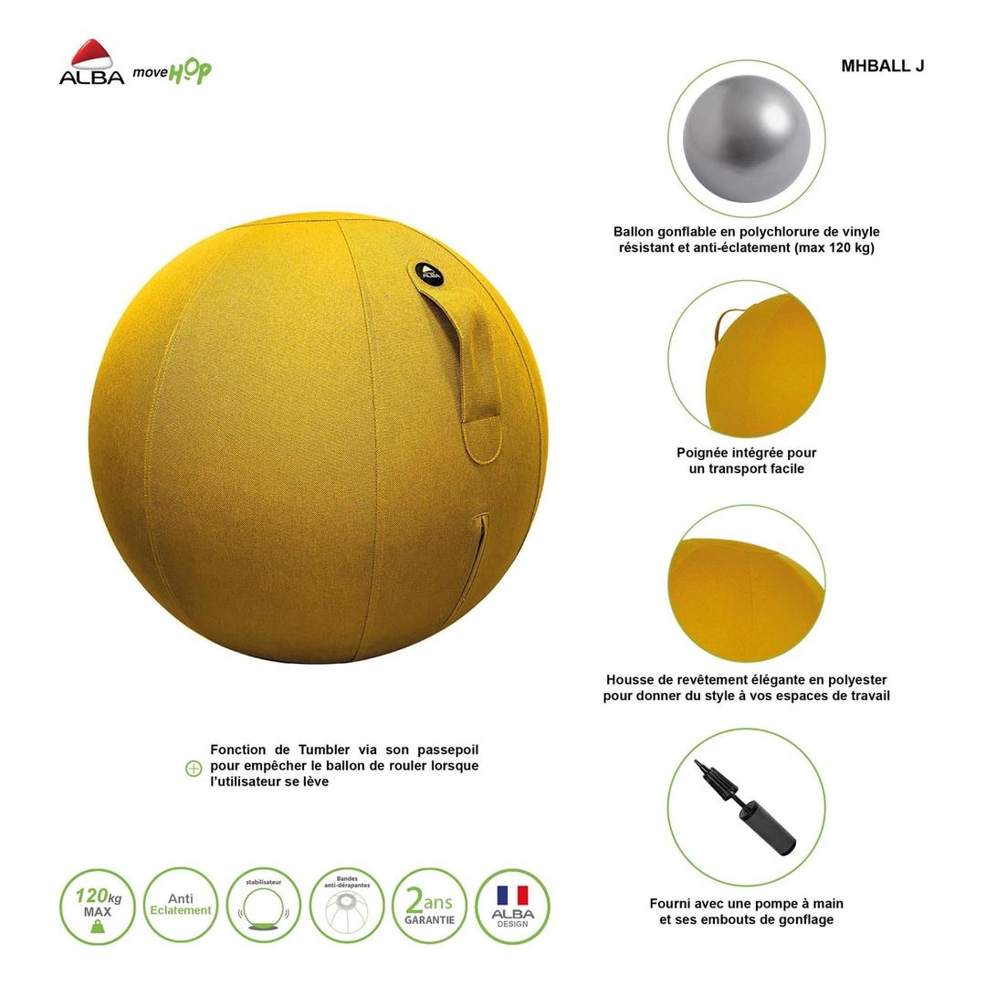 Ballon d'assise, Ø 65 cm ERGOBALL jaune safran ALBA - Ballon d'assise ALBA ERGOBALL jaune safran, fiche du fabricant