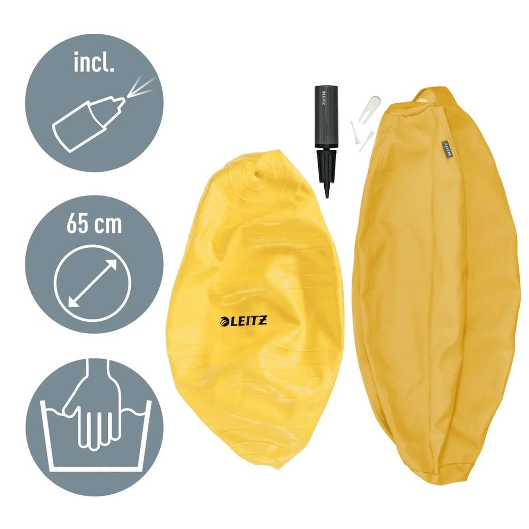 Ballon d'assise, housse zippée Ergo Cosy Ø 65 cm jaune LEITZ - Ballon d'assise LEITZ Ergo Cosy Ø 65 cm jaune, contenu du carton