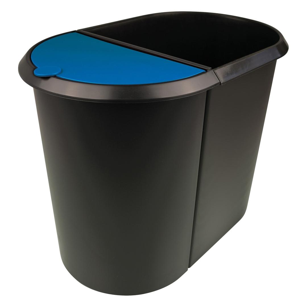 Corbeille de tri, 2 compartiments the double 20 + 9 litres HELIT - Corbeille de tri helit the double 20 + 9 litres noire, couvercle bleu, vue d'ensemble