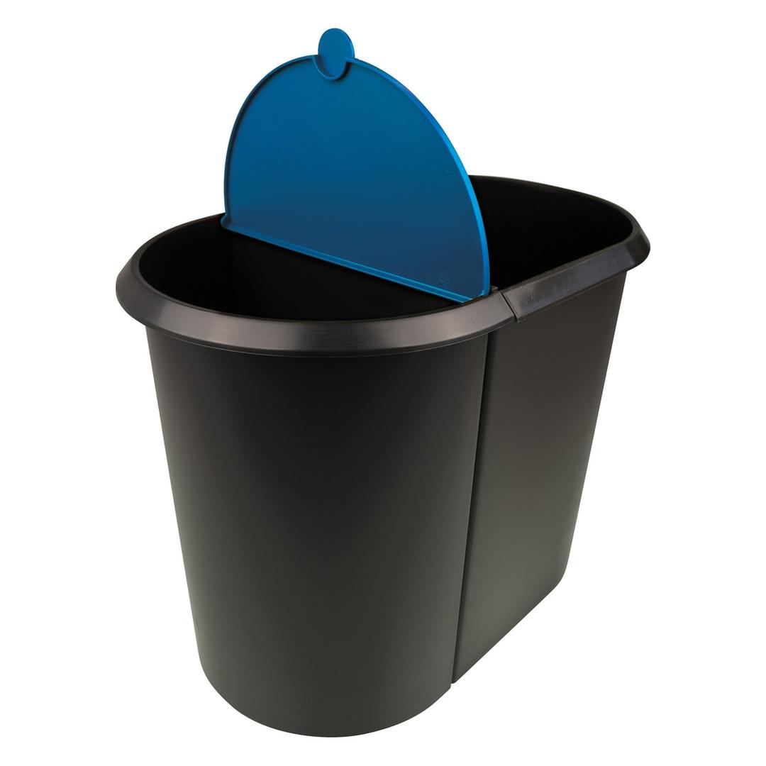 Corbeille de tri, 2 compartiments the double 20 + 9 litres HELIT - Corbeille de tri helit the double 20 + 9 litres noire, couvercle bleu, vue plongeante sur l'ouverture