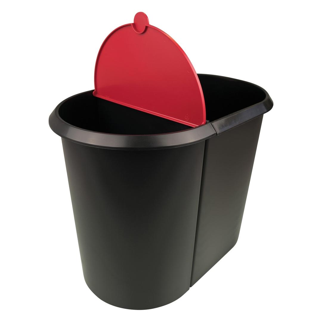 Corbeille de tri, 2 compartiments the double 20 + 9 litres HELIT - Corbeille de tri helit the double 20 + 9 litres noire, couvercle rouge, vue plongeante sur l'ouverture
