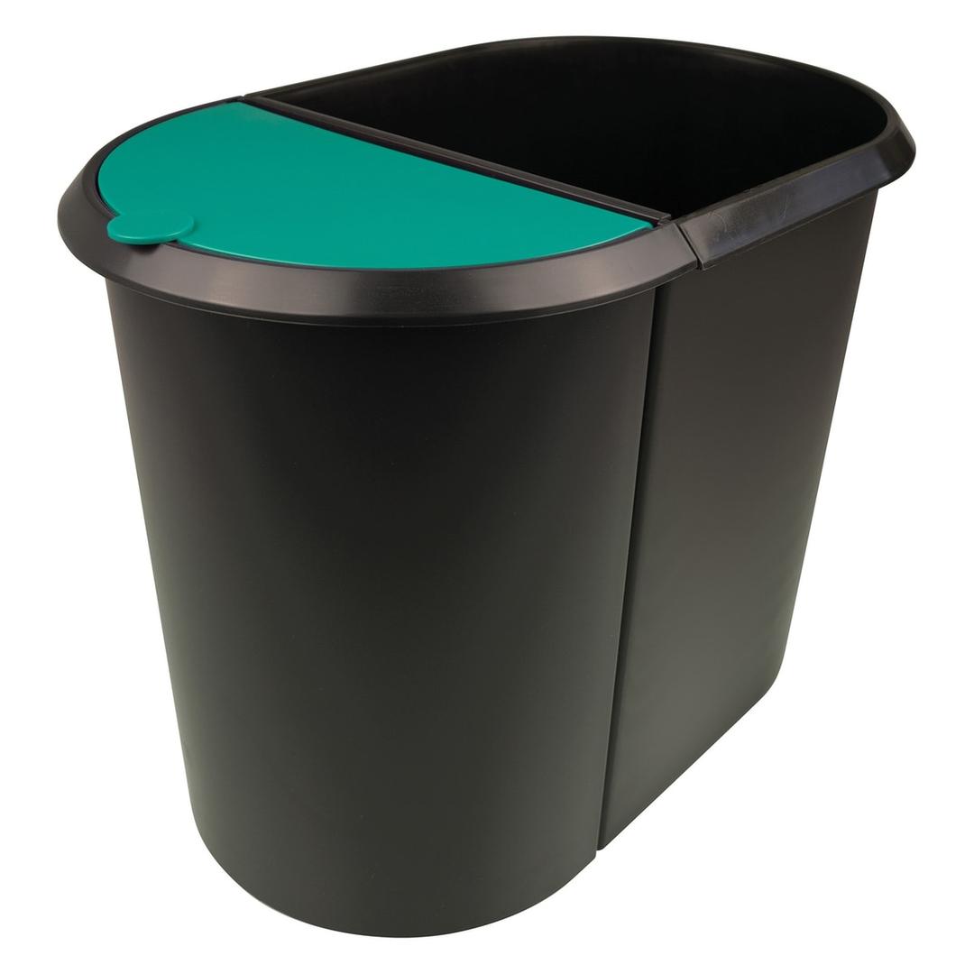 Corbeille de tri, 2 compartiments the double 20 + 9 litres HELIT - Corbeille de tri helit the double 20 + 9 litres noire, couvercle vert, vue d'ensemble