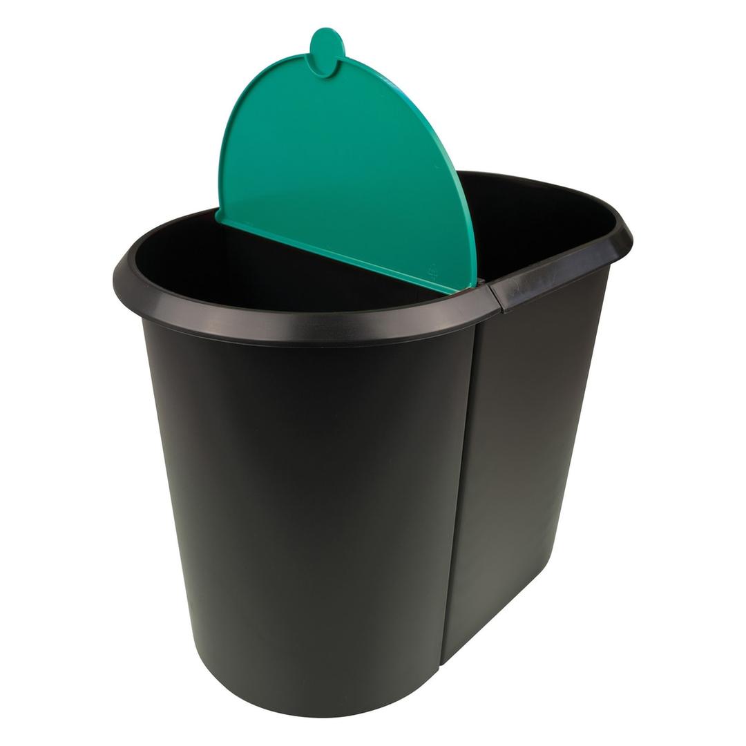 Corbeille de tri, 2 compartiments the double 20 + 9 litres HELIT - Corbeille de tri helit the double 20 + 9 litres noire, couvercle vert, vue plongeante sur l'ouverture