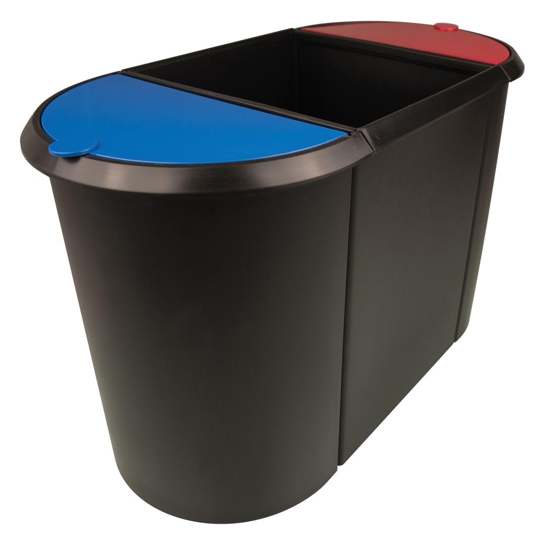 Corbeille de tri, 3 compartiments the triple 20 + 9 + 9 litres HELIT - Corbeille de tri helit the triple 20 + 9 + 9 litres noire, couvercles bleu et rouge, vue d'ensemble