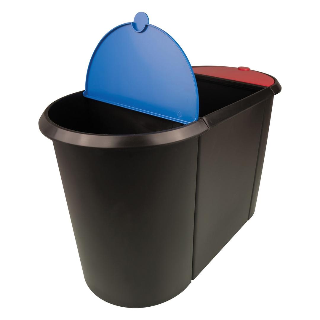 Corbeille de tri, 3 compartiments the triple 20 + 9 + 9 litres HELIT - Corbeille de tri helit the triple 20 + 9 + 9 litres noire, couvercles bleu et rouge, vue plongeante sur l'ouverture