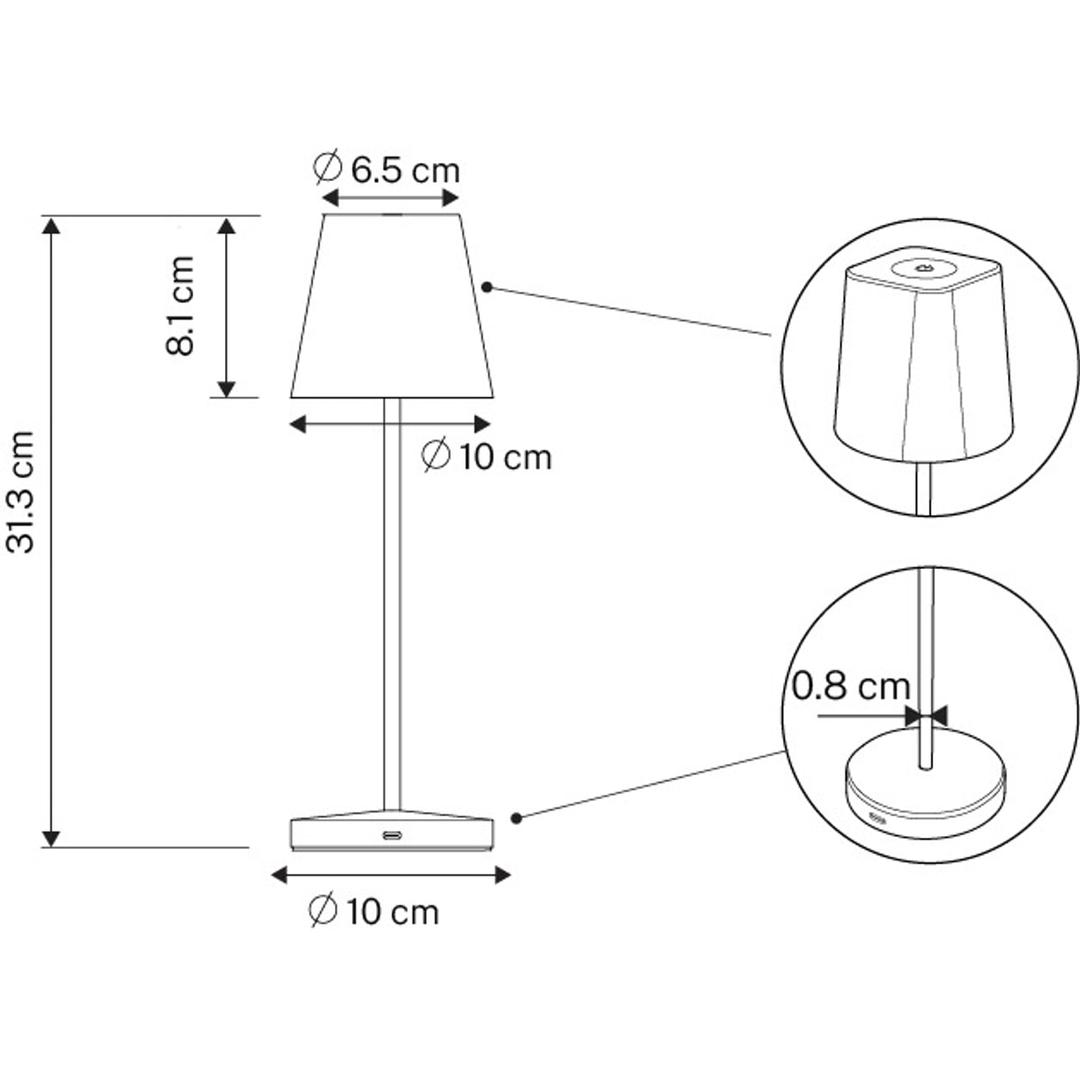 Lampe de table LED sans fil, rechargeable AVA UNILUX - Lampe de table LED UNILUX AVA, schéma coté 31,3 cm de haut, socle de 10 cm
