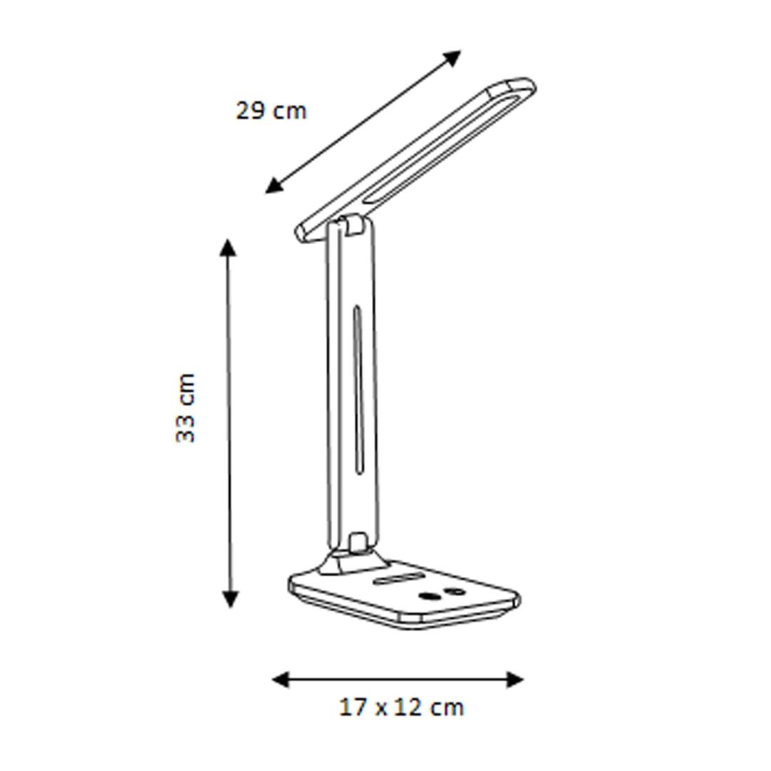Lampe de bureau LED pliable, rechargeable HALO UNILUX - Lampe de bureau LED UNILUX HALO, schéma coté 33 cm de haut, bras de 29 cm, socle de 17 x 12 cm