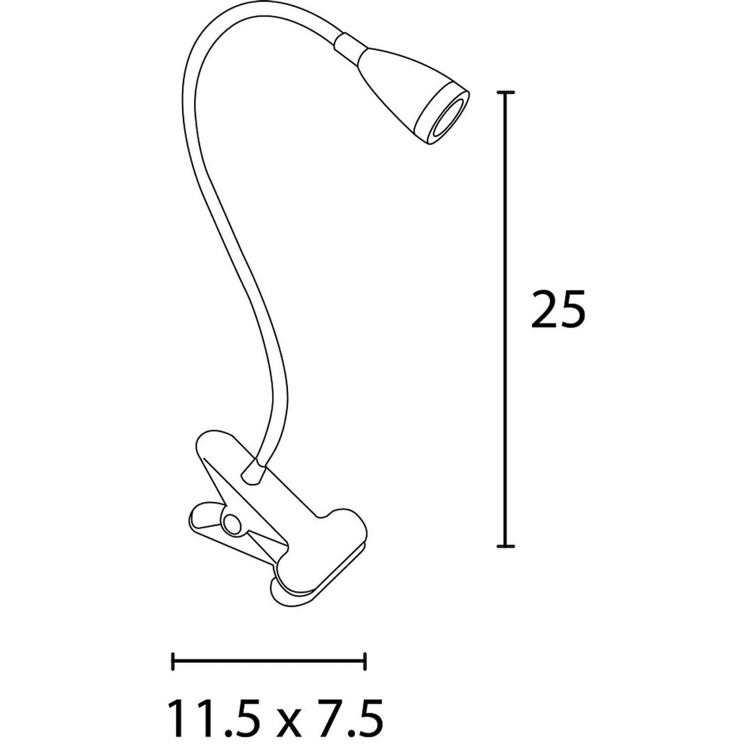 Lampe LED à pince, bras flexible SNOKE UNILUX - Lampe LED à pince UNILUX SNOKE, schéma coté 25 cm de haut, pince de 11,5 x 7,5 cm