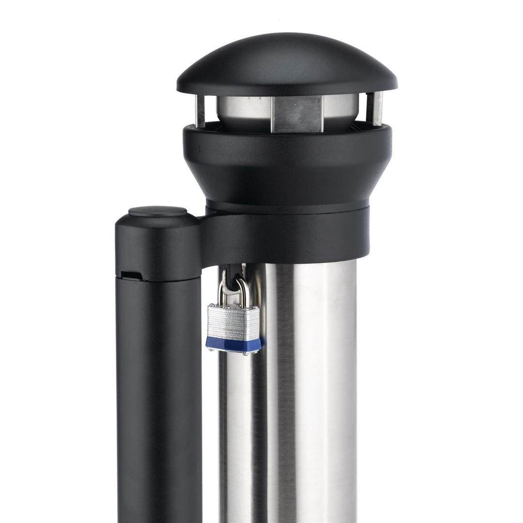 Cendrier sur colonne en inox Infinity sur base RUBBERMAID - Cendrier sur colonne en inox Rubbermaid Infinity sur base, chapeau et patte de cadenas