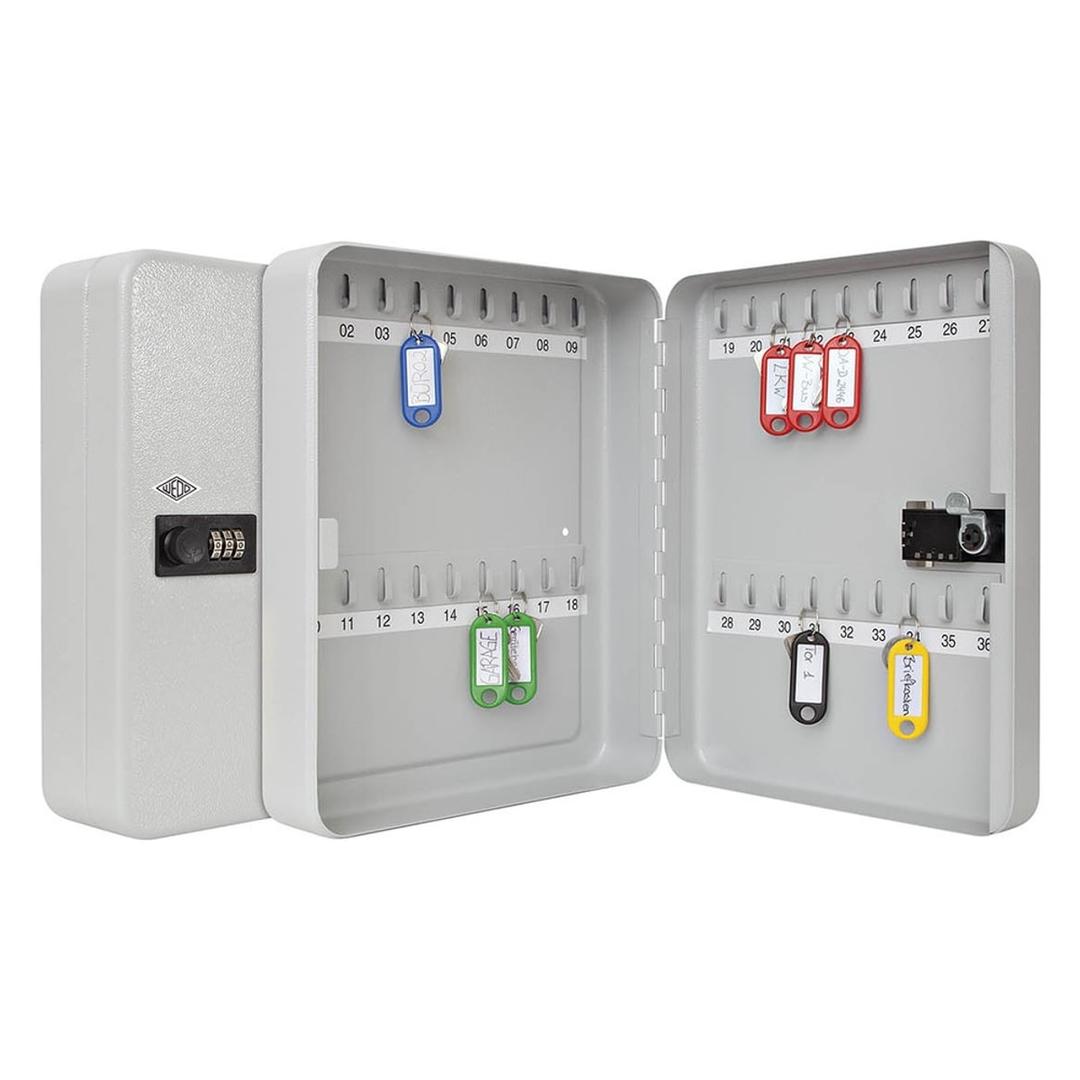 Armoire à clés murale à code, 24 à 60 clés Armoire à clés à combinaison WEDO - Armoire à clés à combinaison WEDO 36 clés, fermée et ouverte