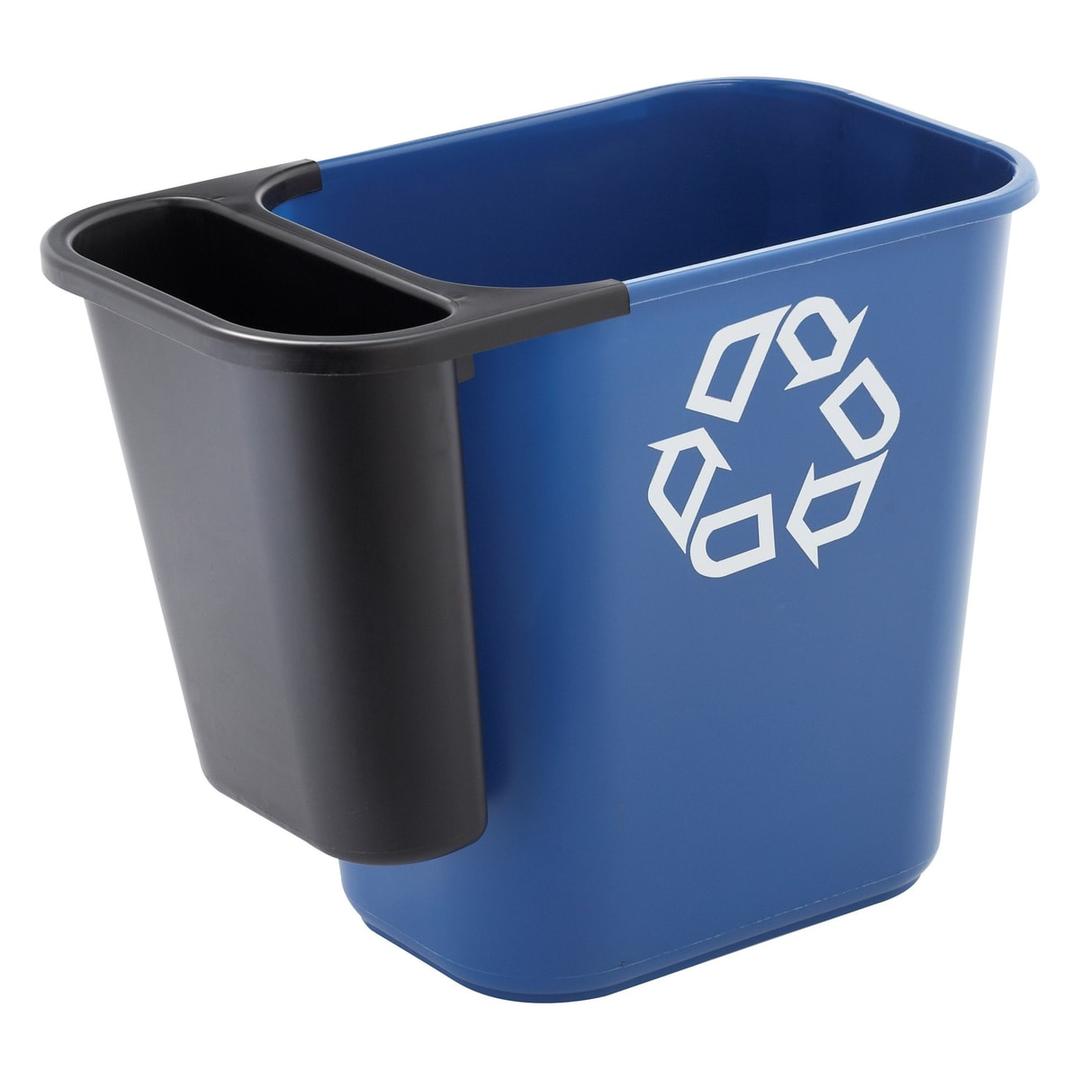 Bac de tri, à accrocher bac latéral Deskside RUBBERMAID - Bac latéral Rubbermaid pour corbeille Deskside, noir, accroché sur une corbeille Deskside bleue