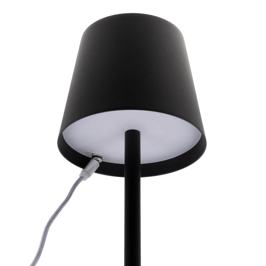 Lampe de table LED sans fil, abat-jour rond FELINE SECURIT - Câble de charge magnétique branché sous l'abat-jour de la lampe Securit FELINE noire