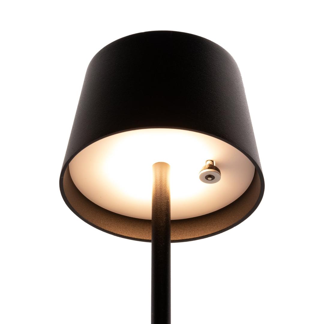 Mini lampe de table LED sans fil, abat-jour rond MONTE-CARLO SECURIT - Lampe de table Securit MONTE-CARLO noire allumée, vue de dessous