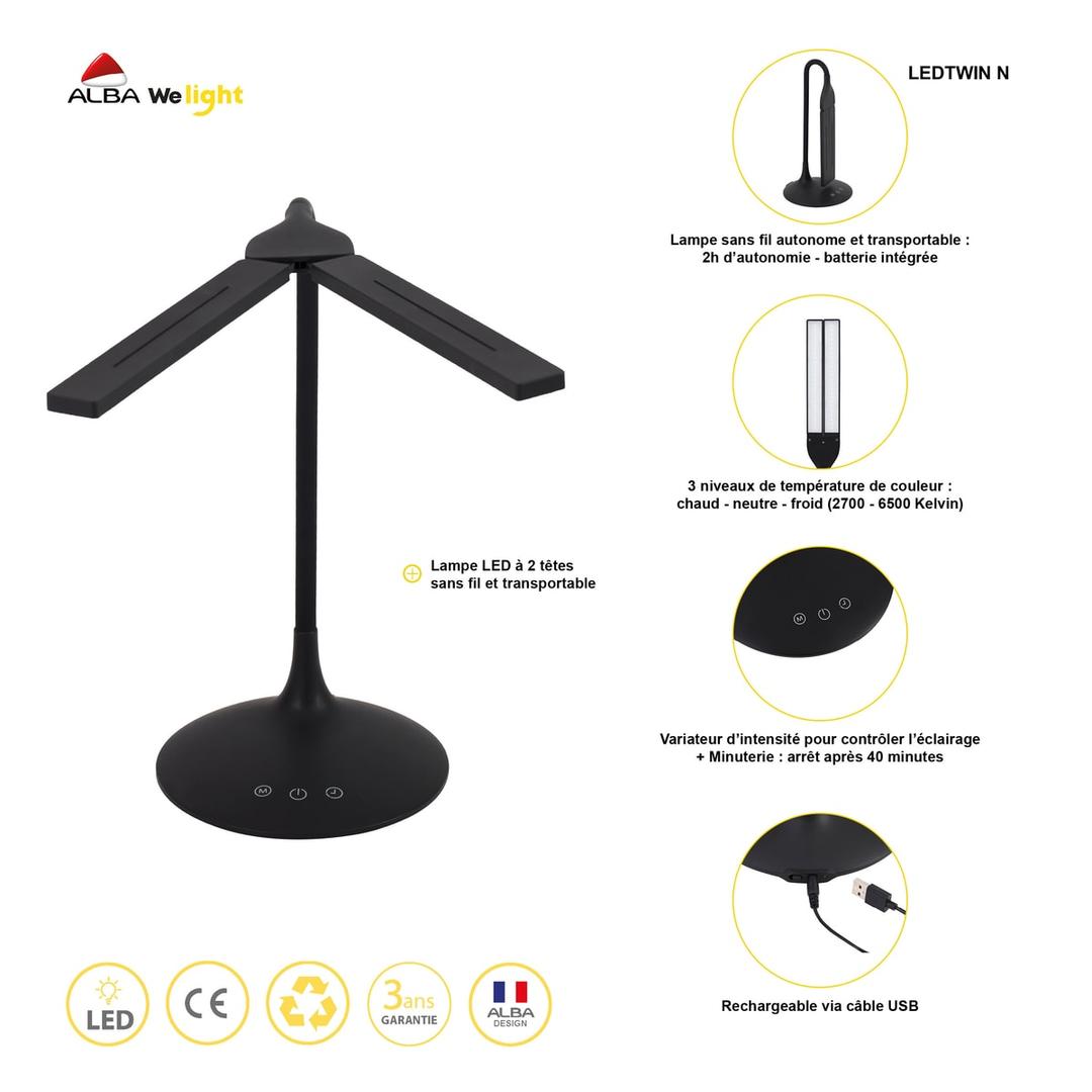 Lampe de bureau LED, double tête orientable LEDTWIN ALBA - Infographie des fonctions de la lampe ALBA LEDTWIN
