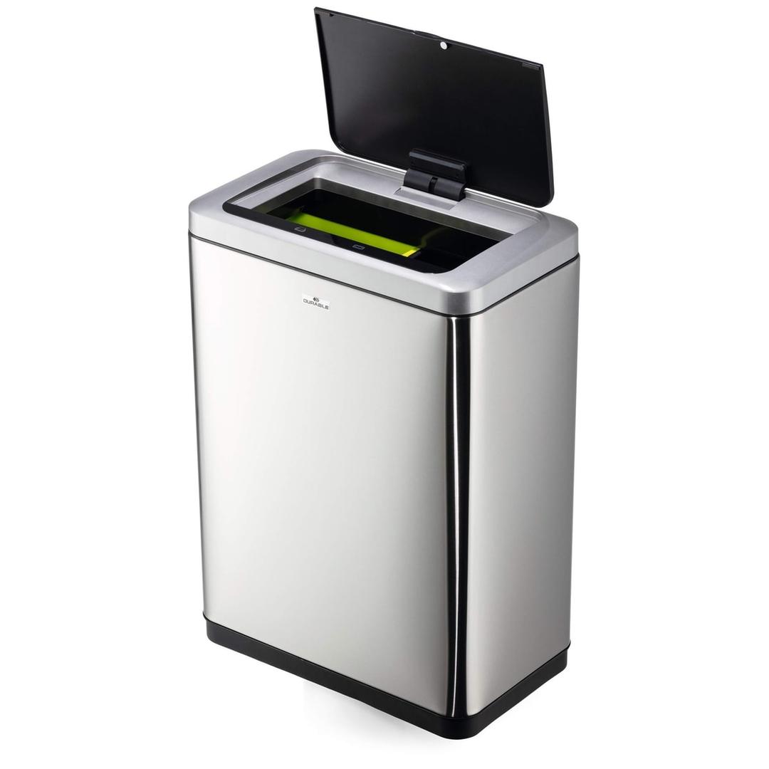 Poubelle automatique à capteur 2 × 20 litres NO TOUCH DUO DURABLE - Poubelle automatique DURABLE NO TOUCH DUO, couvercle ouvert sur les deux bacs