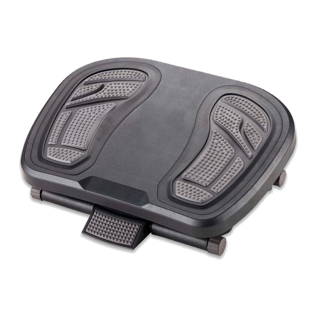 Repose-pieds réglable, inclinable jusqu'à 30° Footness Comfort DUO HANSA - Repose-pieds Hansa Footness Comfort DUO noir et gris, vue de trois quarts avec sa pédale de réglage