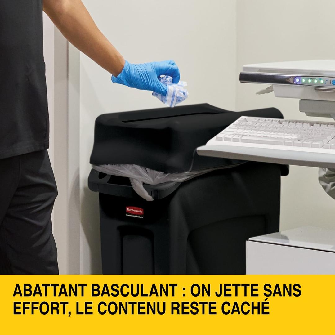 Couvercle basculant pour collecteur Slim Jim Slim Jim couvercle basculant RUBBERMAID - Couvercle basculant Rubbermaid Slim Jim noir, abattant basculant en usage