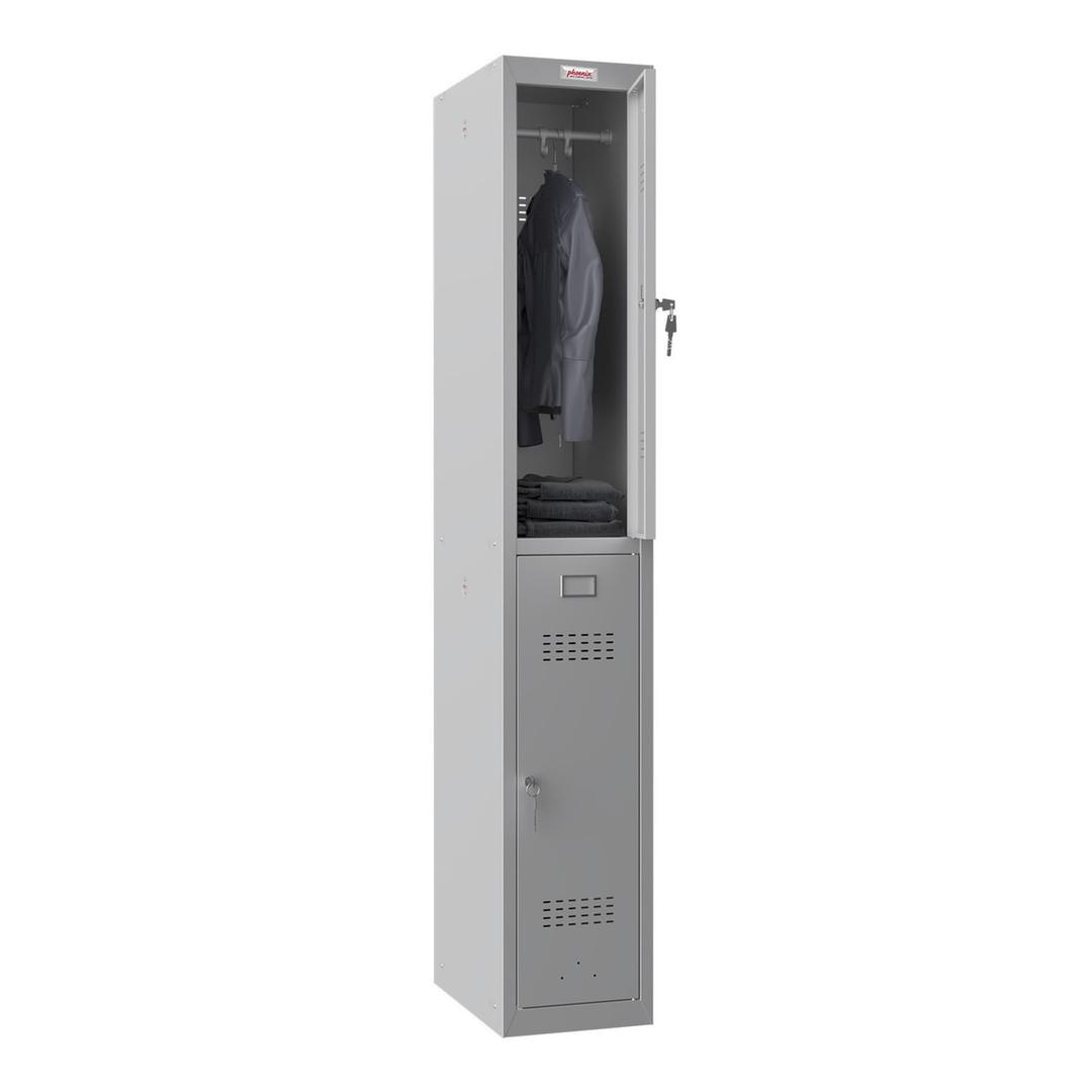 Vestiaire 2 portes en acier, 2 x 121 litres PL1230, serrure à clé PHOENIX - Vestiaire Phoenix PL1230 serrure à clé gris clair, porte ouverte