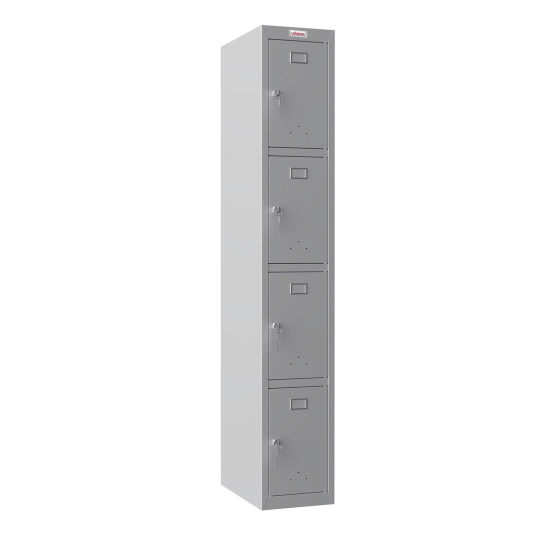 Casier 4 portes en acier, 4 x 60,5 litres PL1430, serrure à clé PHOENIX - Casier Phoenix PL1430 serrure à clé gris clair, vue de trois quarts