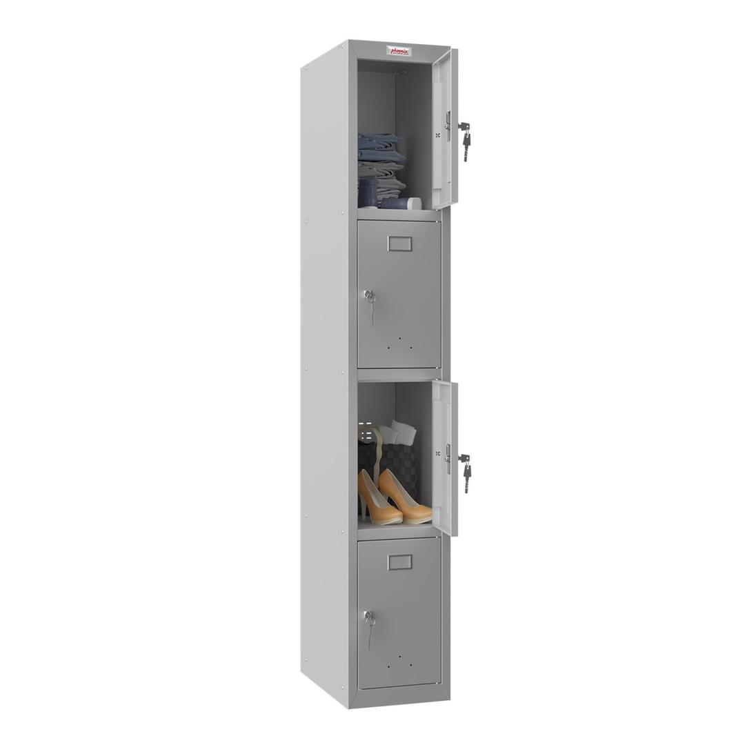 Casier 4 portes en acier, 4 x 60,5 litres PL1430, serrure à clé PHOENIX - Casier Phoenix PL1430 serrure à clé gris clair, porte ouverte