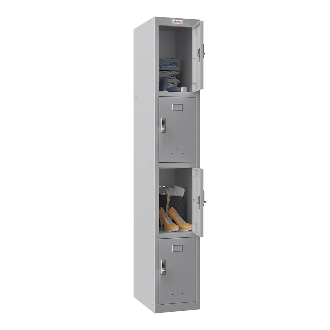 Casier 4 portes en acier, 4 x 60,5 litres PL1430, serrure électronique PHOENIX - Casier Phoenix PL1430 serrure électronique gris clair, porte ouverte