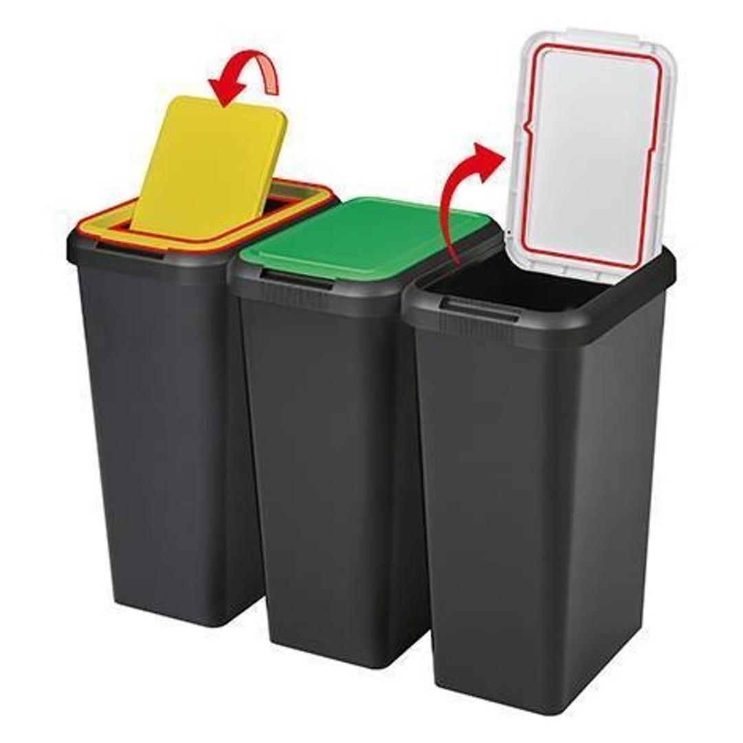 Poubelle de tri 45 litres, matière recyclée Touch & Lift CEP - Poubelle de tri CEP Touch & Lift 45 litres couvercle blanc, trois poubelles assemblées en îlot de tri