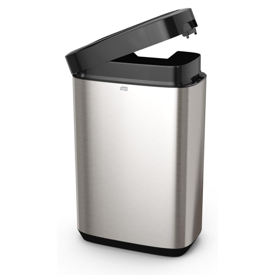 Poubelle en inox pour sanitaires, murale ou au sol, 50 litres Image Line 50 litres TORK - Poubelle Tork Image Line 50 litres ouverte, porte basculée