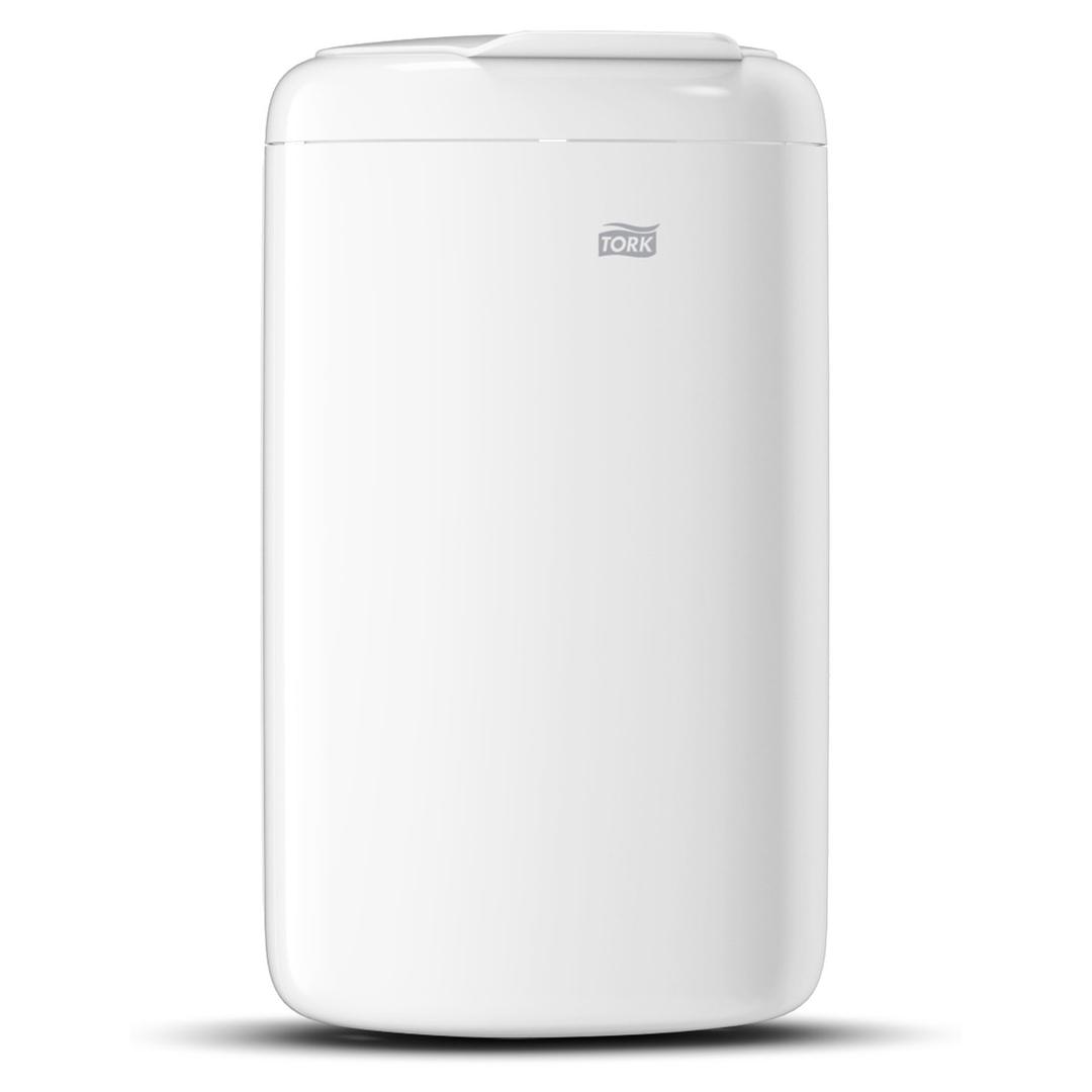 Mini-poubelle murale pour sanitaires, 5 litres Elevation 5 litres TORK - Poubelle Tork Elevation 5 litres blanche, vue de trois quarts