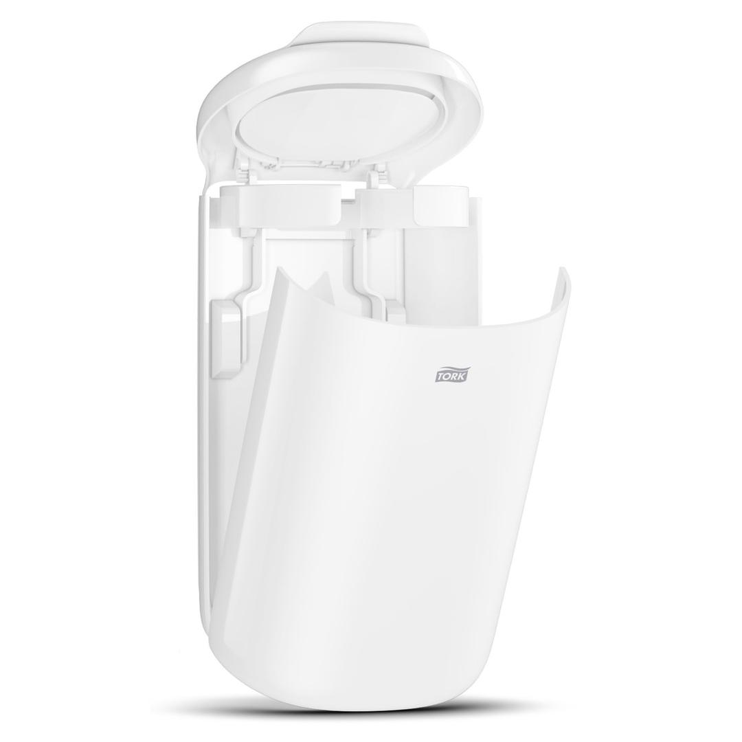 Mini-poubelle murale pour sanitaires, 5 litres Elevation 5 litres TORK - Poubelle Tork Elevation 5 litres blanche, couvercle ouvert