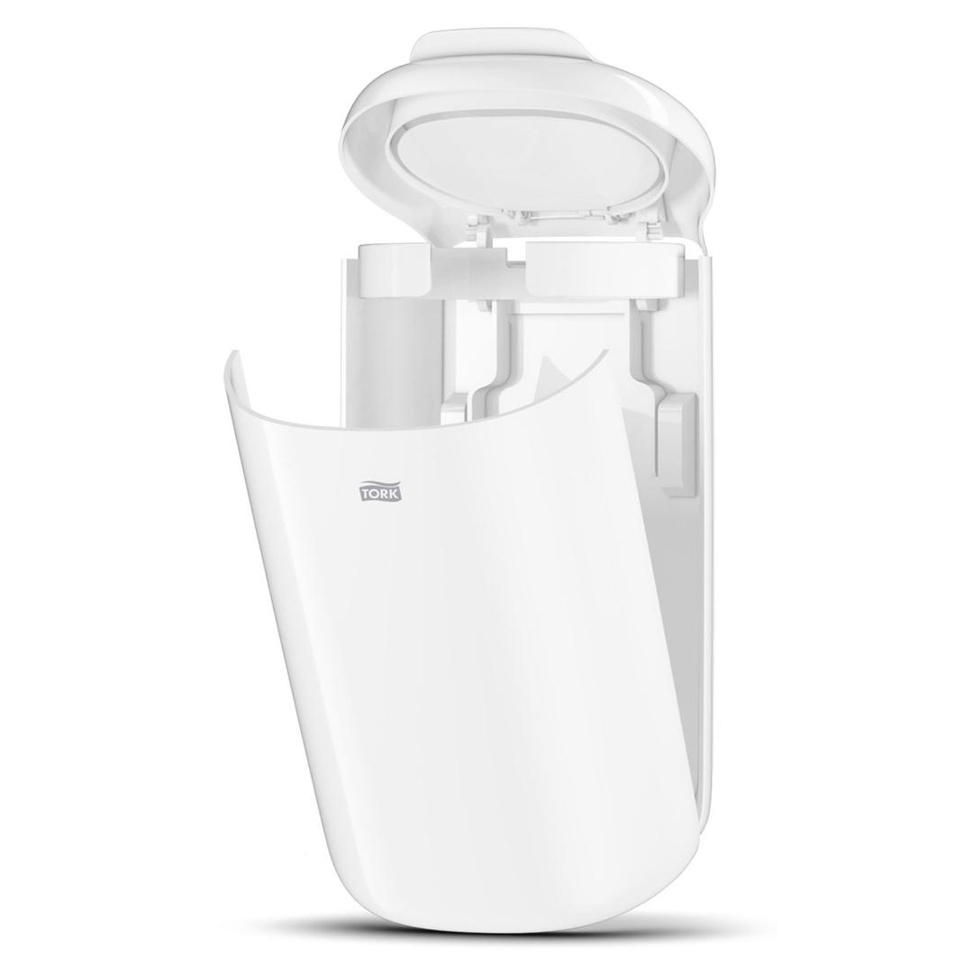 Mini-poubelle murale pour sanitaires, 5 litres Elevation 5 litres TORK - Poubelle Tork Elevation 5 litres blanche, ouverte pour changer le sac