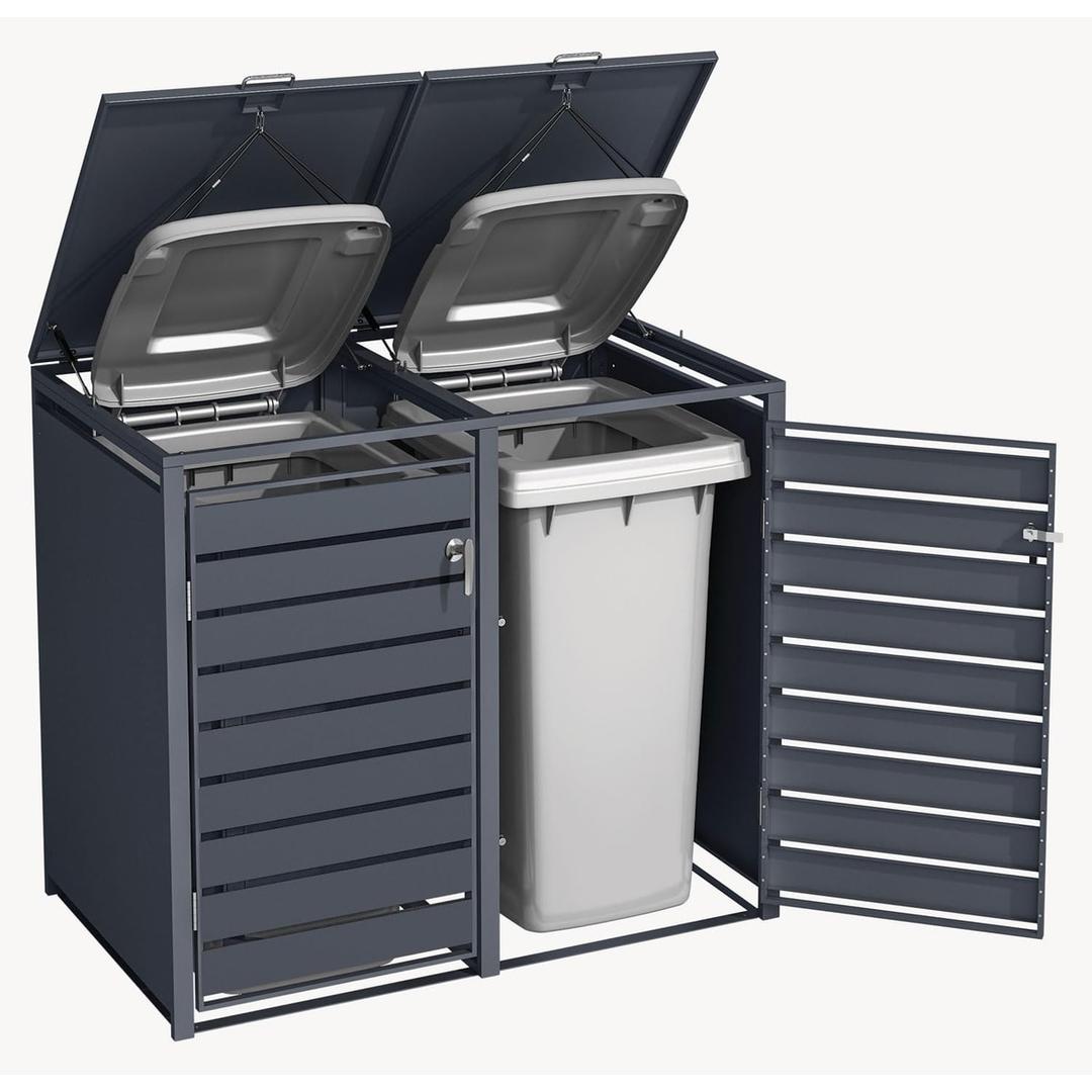 Abri pour deux poubelles, bacs jusqu'à 240 litres GB2213 PHOENIX - Abri pour deux poubelles Phoenix GB2213 anthracite, portes et couvercles ouverts, avec les bacs