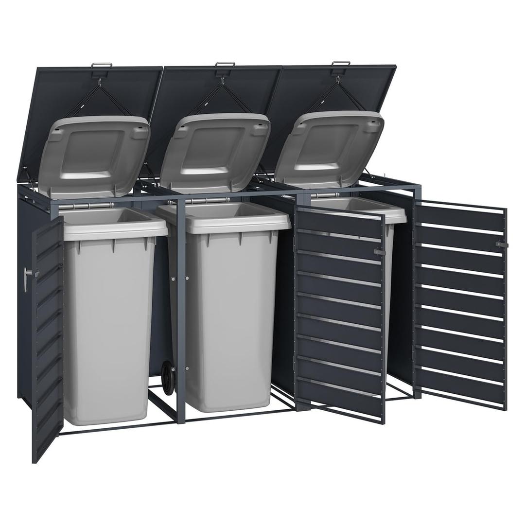 Abri pour trois poubelles, bacs jusqu'à 240 litres GB3320 PHOENIX - Abri pour trois poubelles Phoenix GB3320 anthracite, portes et couvercles ouverts, avec les bacs