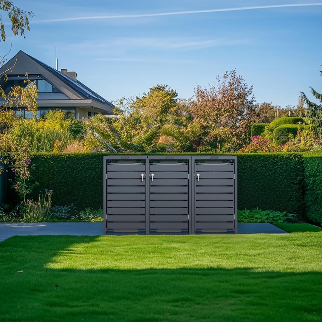 Abri pour trois poubelles, bacs jusqu'à 240 litres GB3320 PHOENIX - Abri pour trois poubelles Phoenix GB3320 anthracite, en situation dans un jardin