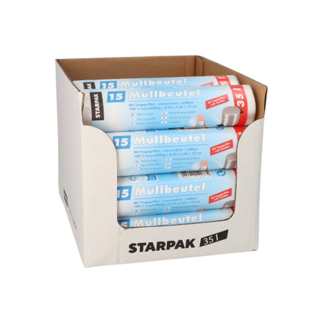 Rouleau de 15 sacs fins en PEHD Sacs poubelle à poignées 35 litres, transparents STARPAK - Présentoir carton de rouleaux de sacs poubelle STARPAK 35 litres
