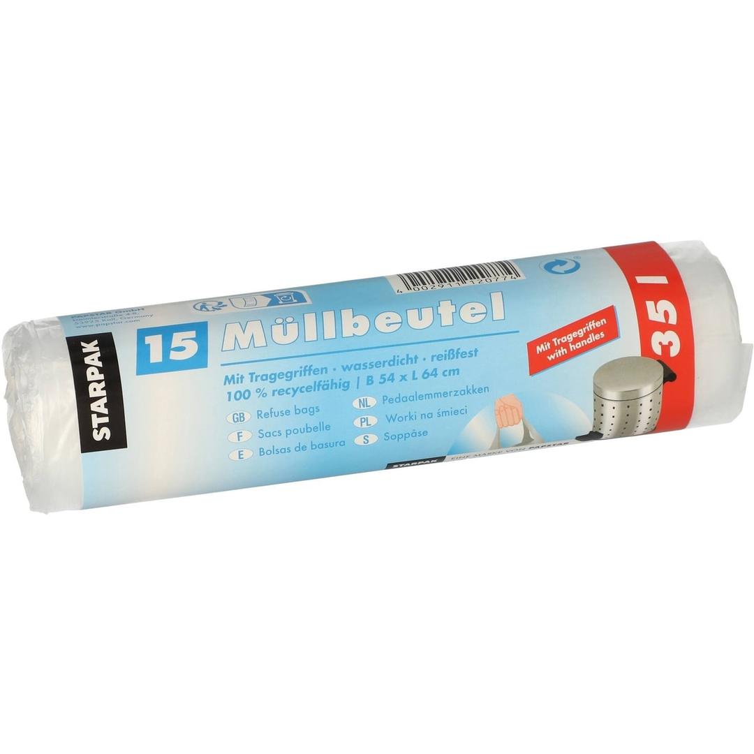 Rouleau de 15 sacs fins en PEHD Sacs poubelle à poignées 35 litres, transparents STARPAK - Vue 3