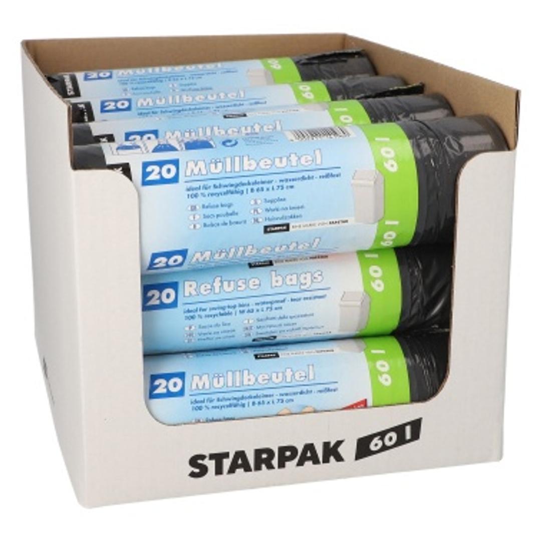 Rouleau de 20 sacs en PEBD Sacs poubelle à liens coulissants 60 litres, gris STARPAK - Présentoir carton de rouleaux de sacs poubelle STARPAK 60 litres gris