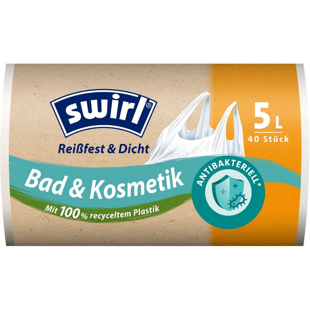 Rouleau de 40 petits sacs en plastique recyclé Sacs poubelle à poignées 5 litres, antibactériens SWIRL - Rouleau de 40 sacs poubelle swirl à poignées 5 litres antibactériens