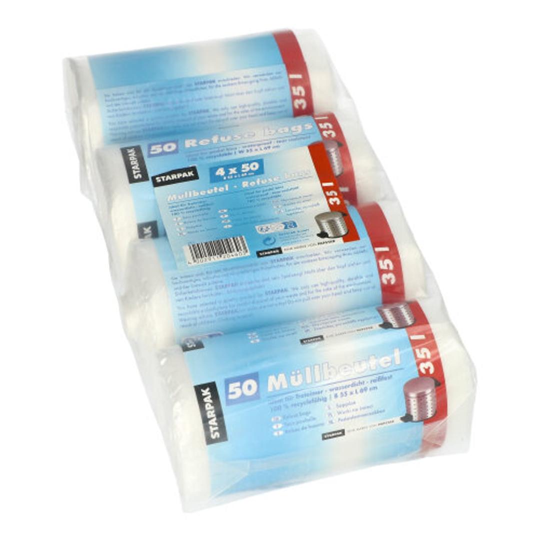 Paquet de 4 rouleaux de 50 sacs en PEHD de 14 microns Sacs poubelle 35 litres, transparents STARPAK - Paquet de 4 rouleaux de 50 sacs en PEHD de 14 microns, sacs poubelle STARPAK 35 litres transparents