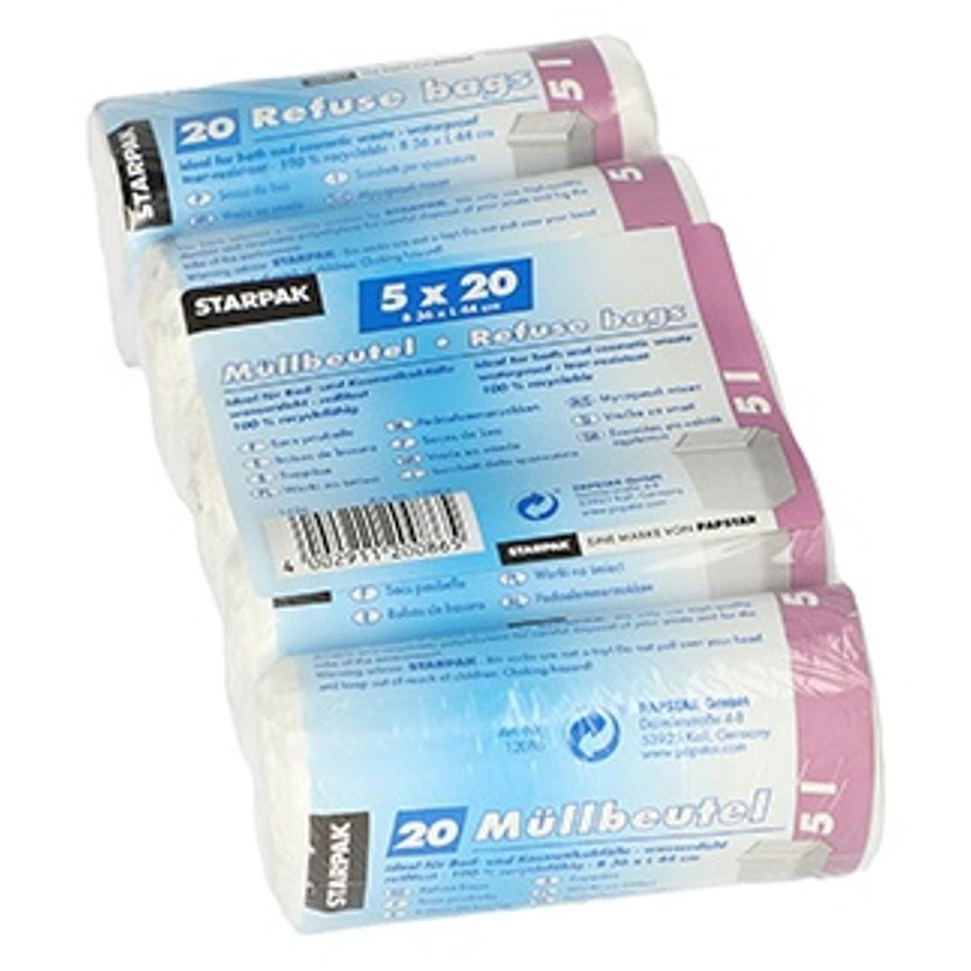 Paquet de 5 rouleaux de 20 sacs en PEBD de 16 microns Sacs poubelle 5 litres, blancs STARPAK - Vue 5