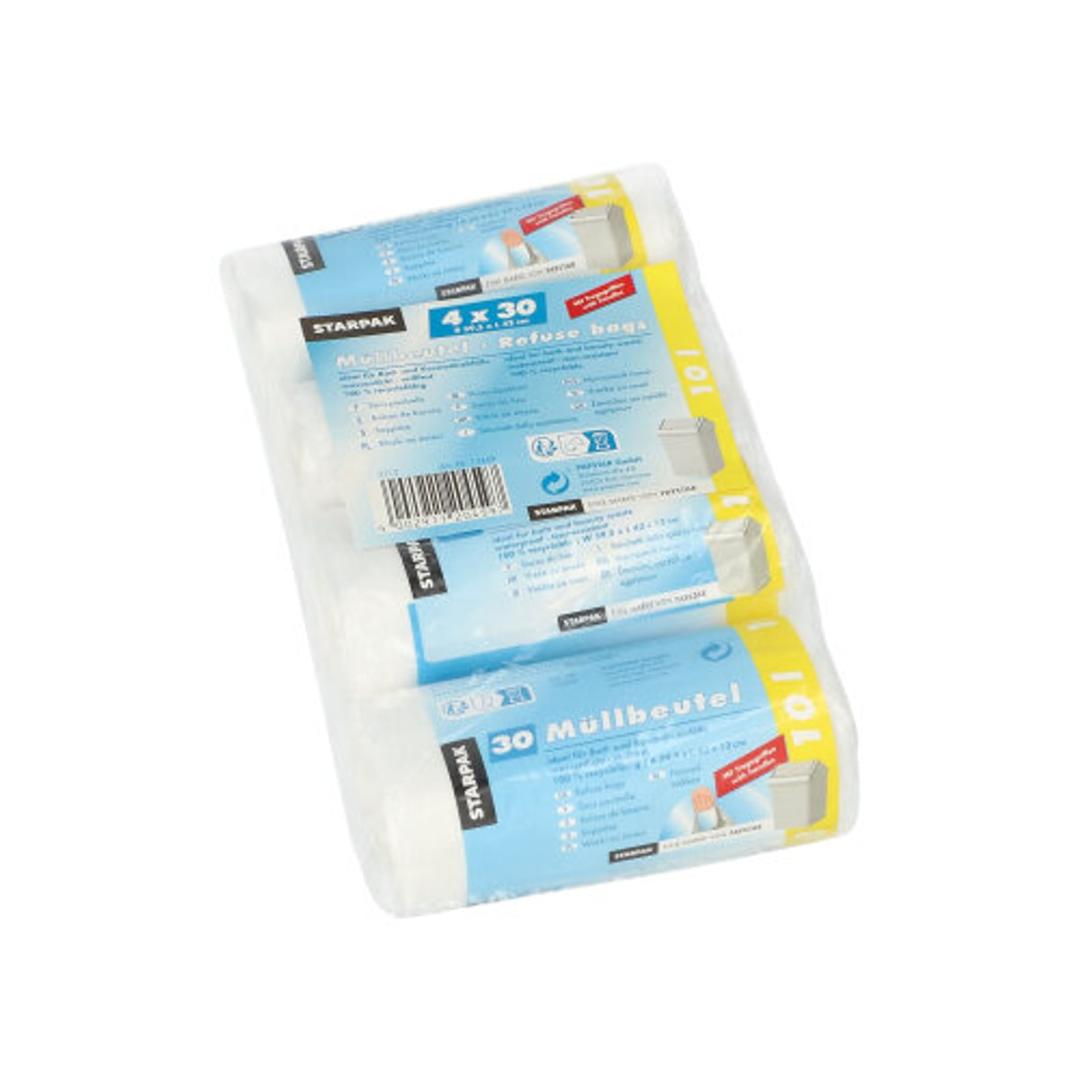 Paquet de 4 rouleaux de 30 sacs en PEHD de 10 microns Sacs poubelle à poignées 10 litres, transparents STARPAK - Paquet de 4 rouleaux de 30 sacs en PEHD de 10 microns, sacs poubelle STARPAK 10 litres transparents