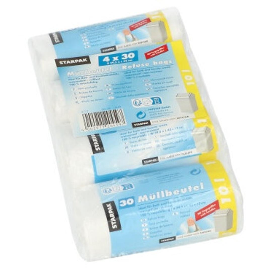 Paquet de 4 rouleaux de 30 sacs en PEHD de 10 microns Sacs poubelle à poignées 10 litres, transparents STARPAK - Vue 2
