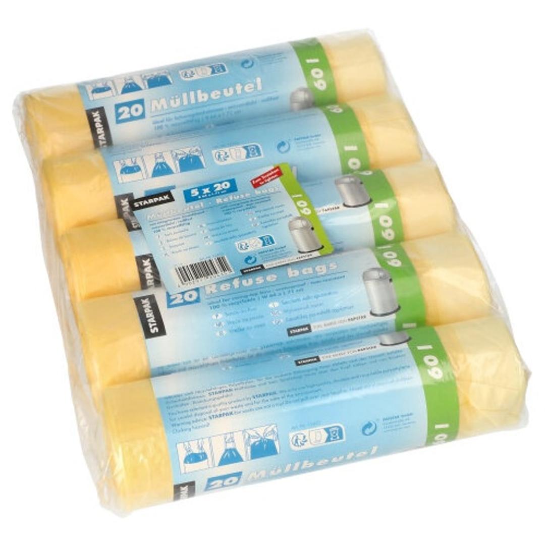 Paquet de 5 rouleaux de 20 sacs en PEHD de 18 microns Sacs poubelle à liens coulissants 60 litres, jaunes STARPAK - Paquet de 5 rouleaux de 20 sacs en PEHD de 18 microns, sacs poubelle STARPAK 60 litres jaunes