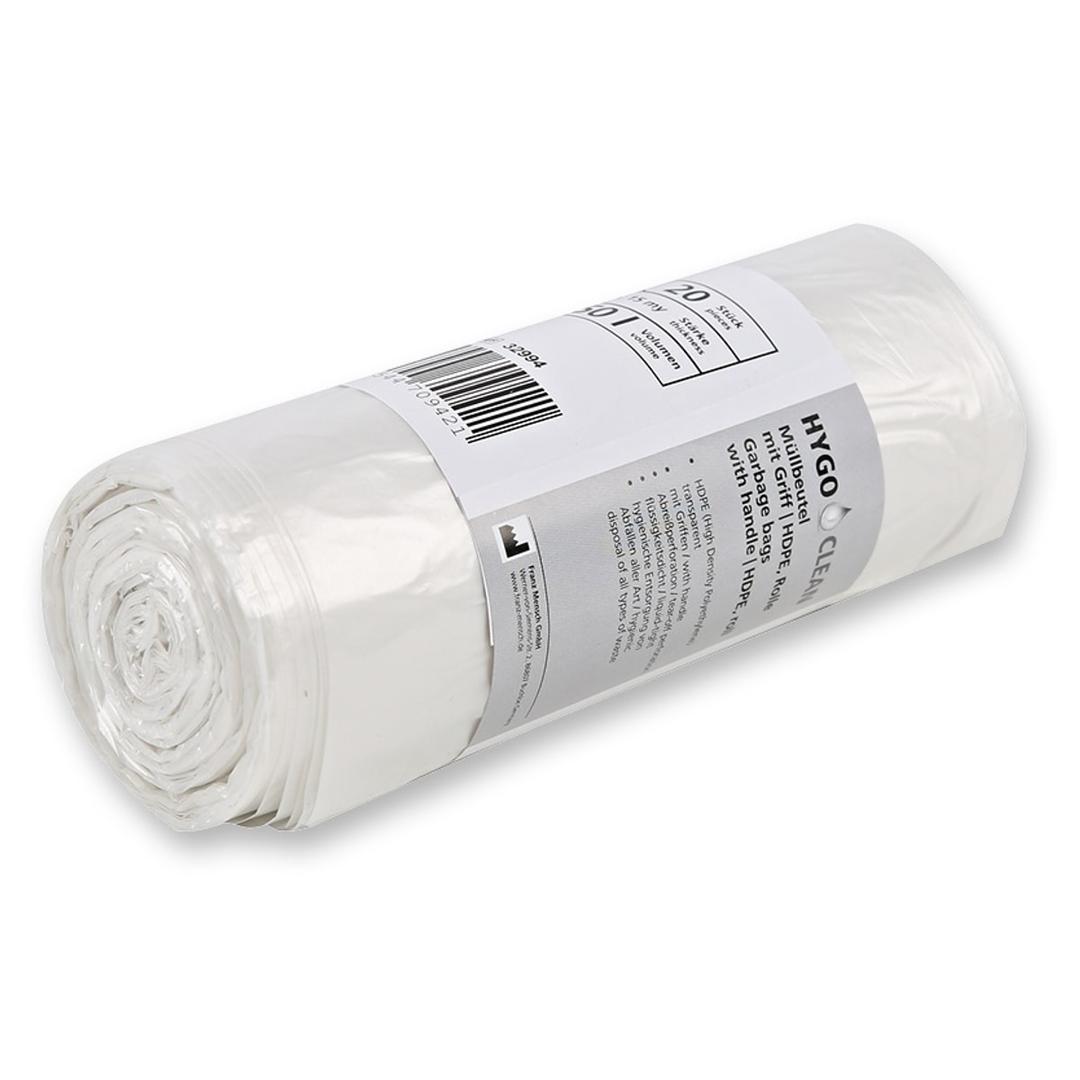 Rouleau de 20 sacs en PEHD de 15 microns Sacs poubelle à poignées 50 litres, transparents HYGOCLEAN - Rouleau de 20 sacs en PEHD de 15 microns, sacs poubelle HYGOCLEAN 50 litres transparents