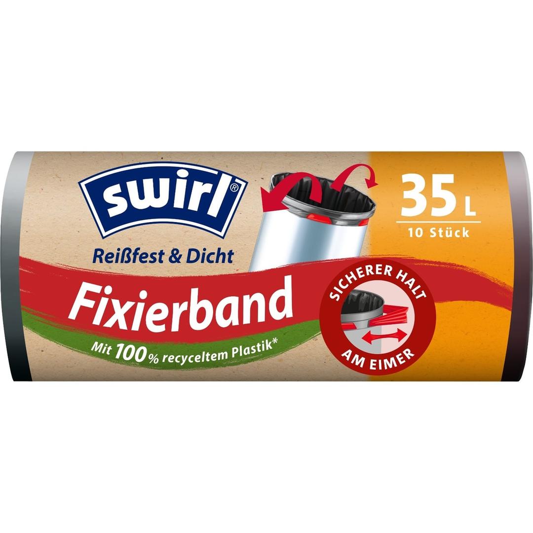 Rouleau de 10 sacs en plastique recyclé Sacs poubelle à bande de fixation 35 litres, noirs SWIRL - Rouleau de 10 sacs en plastique recyclé, sacs poubelle swirl 35 litres noirs