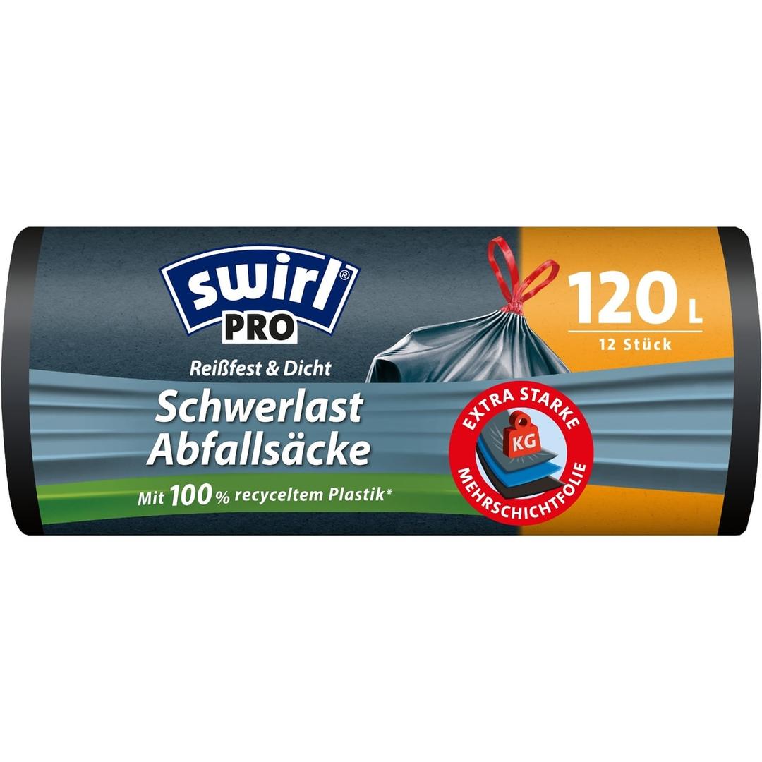 Rouleau de 12 sacs renforcés en plastique recyclé Sacs poubelle renforcés à liens coulissants 120 litres, noirs SWIRL - Rouleau de 12 sacs renforcés en plastique recyclé, sacs poubelle swirl 120 litres noirs