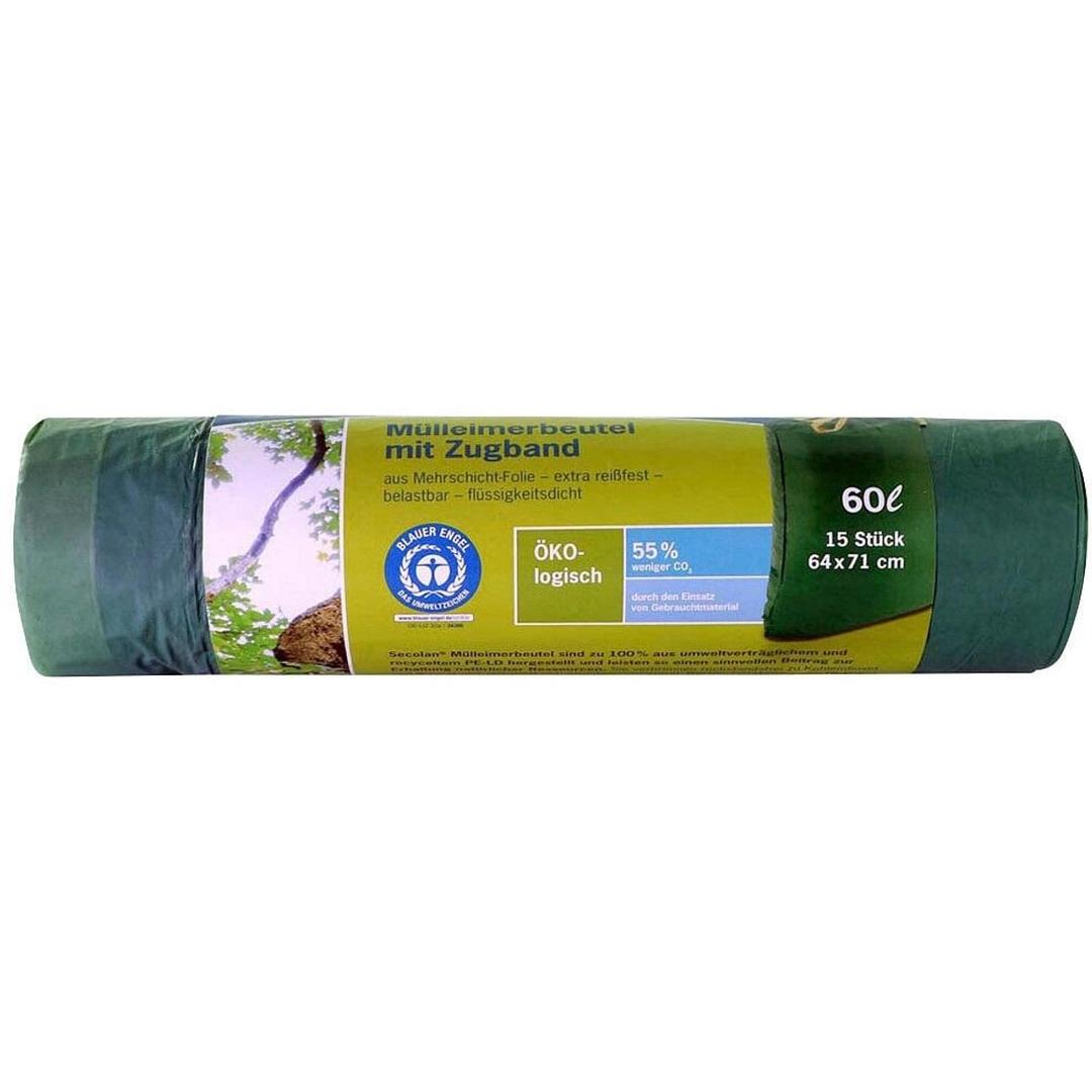 Rouleau de 15 sacs en PEBD recyclé, Ange bleu Sacs poubelle à liens coulissants 60 litres, vert foncé SECOLAN - Rouleau de 15 sacs en PEBD recyclé, Ange bleu, sacs poubelle Secolan 60 litres vert foncé