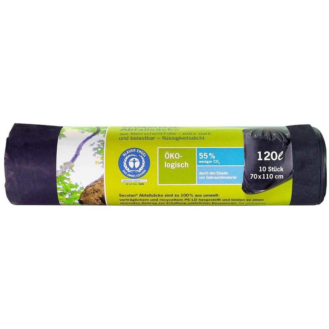 Rouleau de 10 sacs en PEBD recyclé, Ange bleu Sacs poubelle renforcés 120 litres, noirs SECOLAN - Rouleau de 10 sacs en PEBD recyclé, Ange bleu, sacs poubelle Secolan 120 litres noirs
