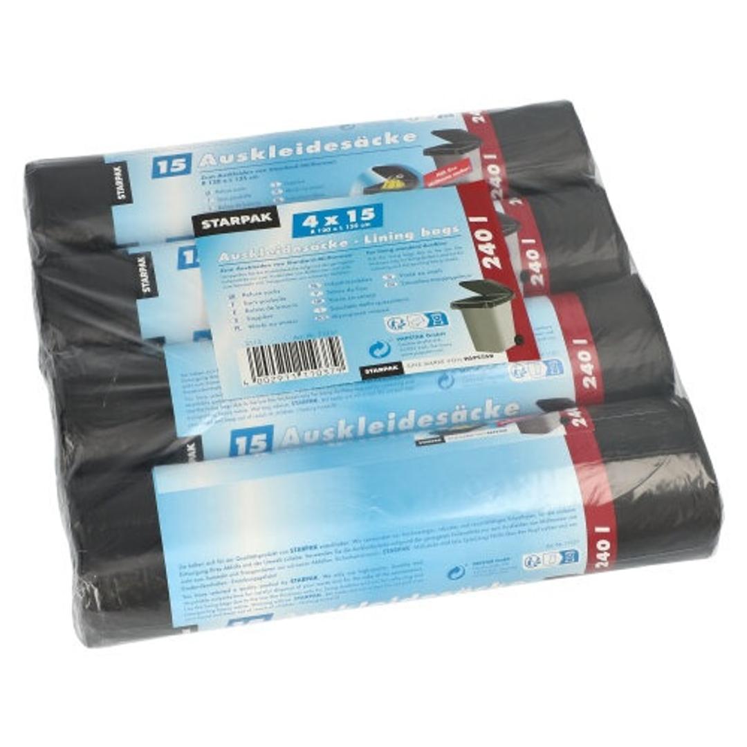 Paquet de 4 rouleaux de 15 sacs en PEBD de 16 microns Sacs poubelle pour conteneur 240 litres, noirs STARPAK - Paquet de 4 rouleaux de 15 sacs en PEBD de 16 microns, sacs poubelle STARPAK 240 litres noirs