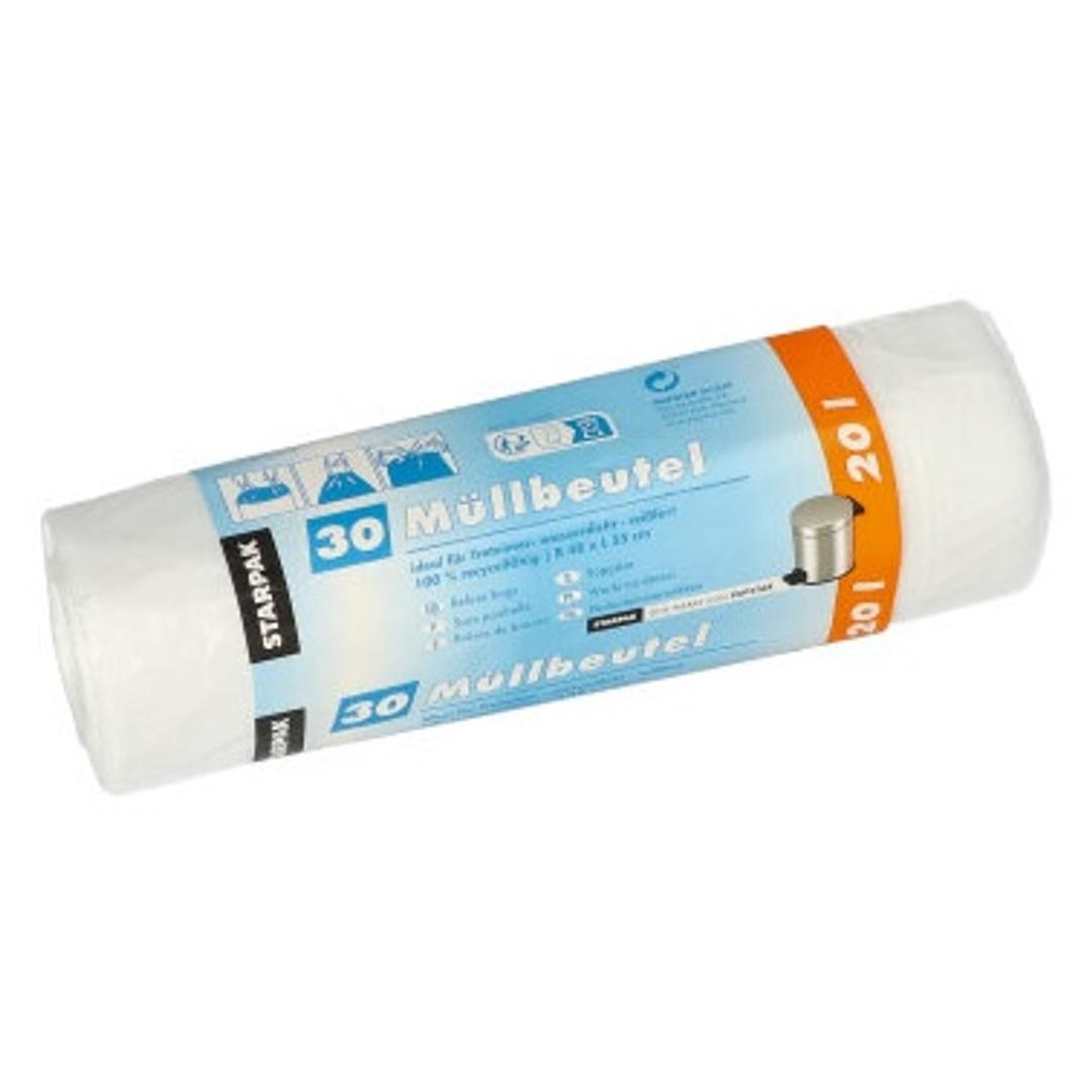 Paquet de 5 rouleaux de 30 sacs en PEHD de 14 microns Sacs poubelle à liens coulissants 20 litres, transparents STARPAK - Rouleau de 30 sacs STARPAK 20 litres transparents